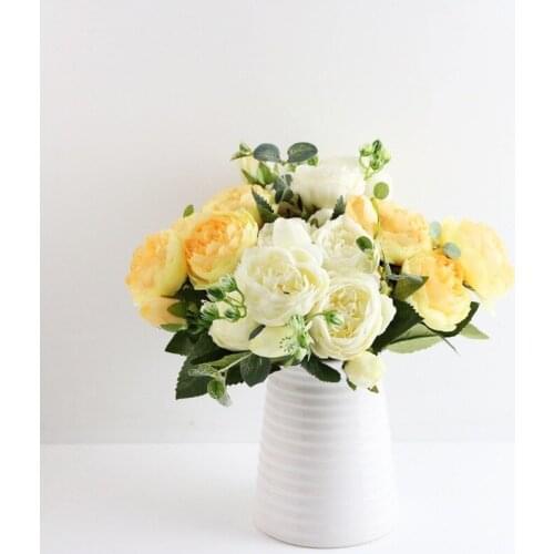 1 Bouquet 5 heads Artificial Flowers Fall Vivid rose Peony Silk flower European Fake Leaf Wedding Home Party Decoration