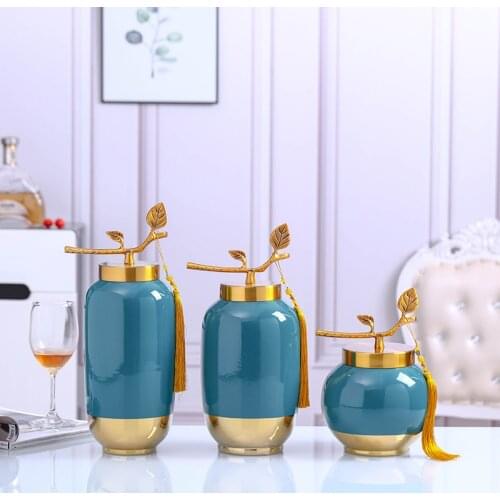Creative Gold Home Decor Modern Nordic Living Room Decoration Ceramic Blue Flower Vase With Gold Lid Storage box