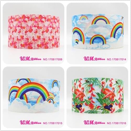Q&N ribbon 3inch 75mm Flamingo and rainbow printed grosgrain ribbon webbing 50yards/roll for headband free shipping