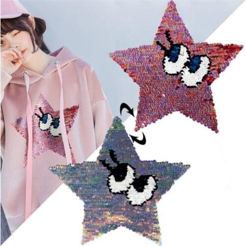 Reversible change color sequins patch deal with it clothes 225mm cartoon star eyes patches for clothing t shirt women stickers