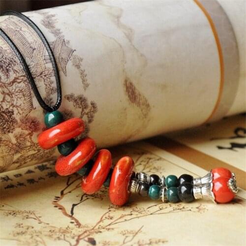Fashion Ethnic Style Ceramic Pendant Long Necklace Handmade Porcelain Bead Adjustable Wax Rope Sweater Necklace For Women
