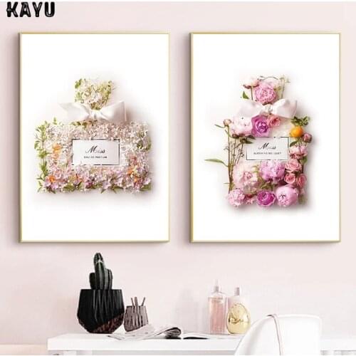 Fashion Blush Pink Perfume Flower Bottle Posters and Prints Luxury Decor Miss Blooming Bouquet Vogue Pictures Canvas Painting