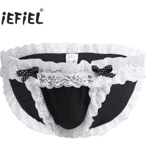 IEFiEL Mens Lingerie Sissy Maid Floral Ruffle Lace Soft Bikini Briefs Sissy Underwear Underpants Sexy Gay Jockstraps Panties