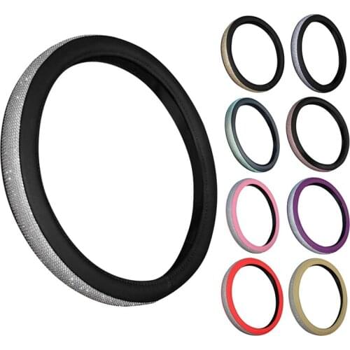 Anti-Slip Steering Wheel Cover for Women PU Leather with Crystal Rhinestones for Universal 15 Inch Toyota Honda Tesla