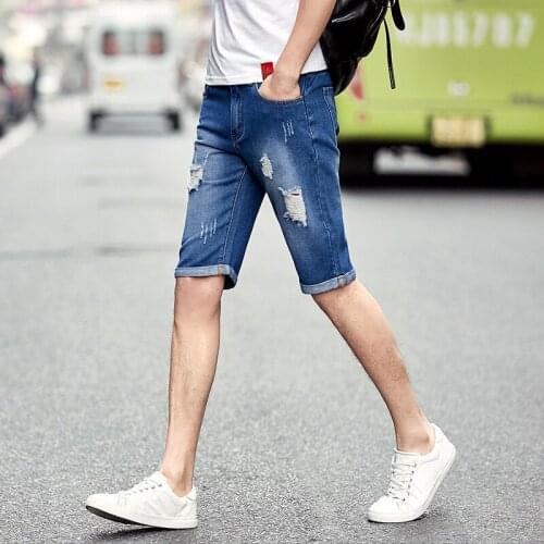 2020 New Summer Mens Denim Shorts Hole Ripped Cowboy Streetwear Big Boy Knee Length Slim Fit Short Jeans Size 28-36 Casual Pants