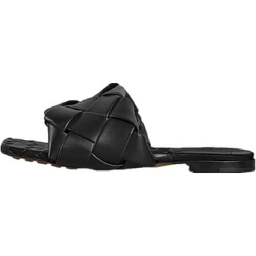 Women New Weave Sandals Fashion Open Toe Weave Design Beach Slides Shoes Square Toe Rubber Sole Ladies Slippers Flat Shoes