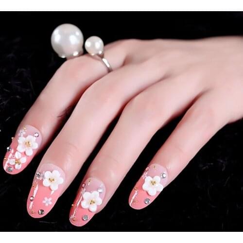 DIY Fashion Flower Design False Nails Long Size Oval Pink Gradient Nail Art Tips with Glue Girls 3D Shining Rhinestone Fake Nail
