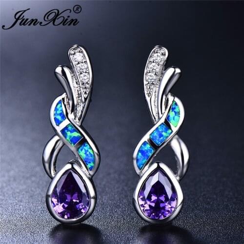 JUNXIN Purple White Blue Fire Opal Earrings Female White Gold Filled Teardrop Pear Zircon Pink Crystal Stud Earrings For Women