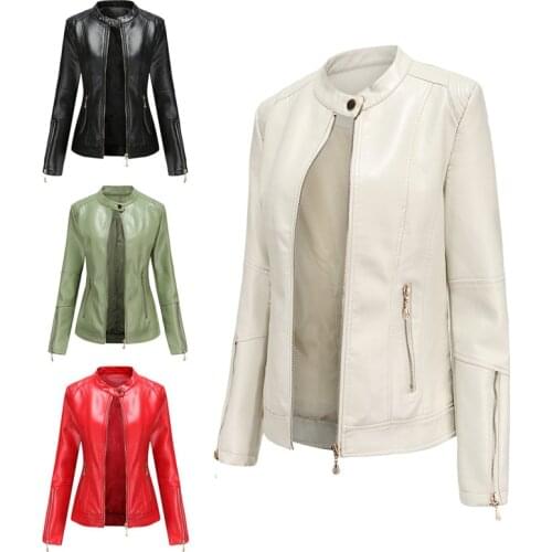Spring Autumn Ladies Motorcycle PU Leather Jackets Women Female Stand-Up Collar Zipper Slim Short Casual Coats Outerwear