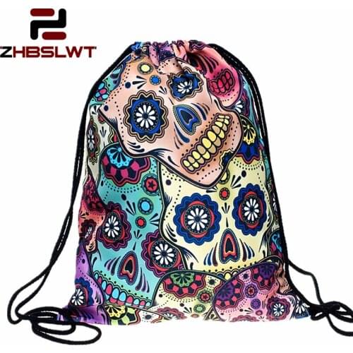 ZHBSLWT New Fashion Mexican Skull 3D Printing Drawstring Bag Women Backpack Travel Softback Women Mochila -078