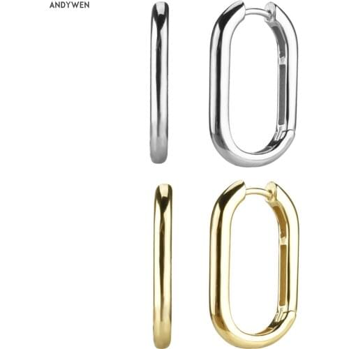 ANDYWEN 925 Sterling Silver Gold 25mm Big Oval Hoops Square Women Plain Large Loops Circle Luxury Fashion European Jewelry