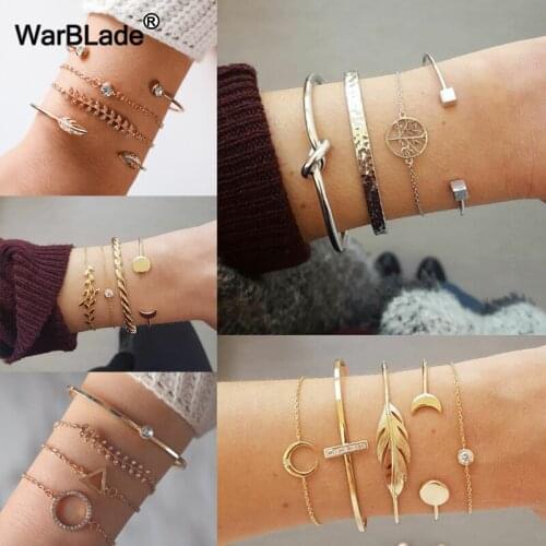 4pcs/Set Bohemia Leaf Knot Hand Cuff Link Chain Charm Bracelet Bangle Crystal Multilayer Open Bracelet Sets Women Party Jewelry