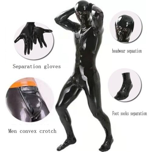 4 Piece Sets Sexy Shiny Bodysuit Men Full Body Cover PU Latex U Convex Pouch Catsuit Sexy Lingerie Tight Gay Wear with Gloves