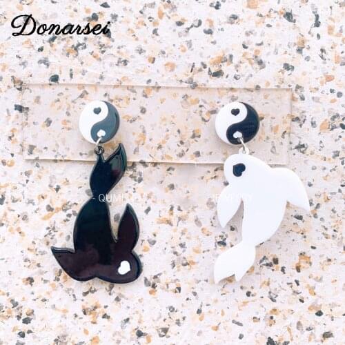 Donarsei Ying Yang Asymmetrical Gossip Fish Drop Earrings For Women Creative Tai Chi Black White Color Animal Dangle Earrings