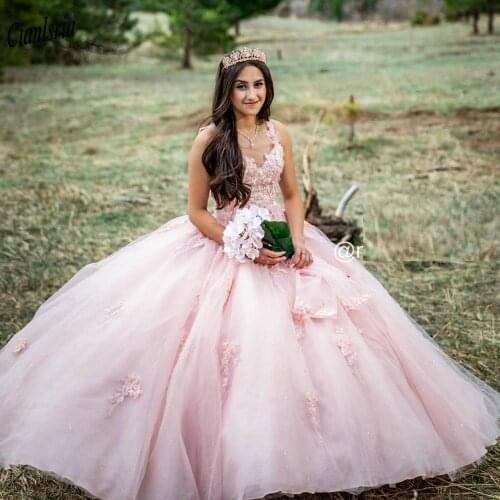 Pink Illusion Open Back Ball Gown Quinceanera Dresses Sleeveless Handmade Flowers Appliques Lace Sweet 16 Dress Prom Party Dress