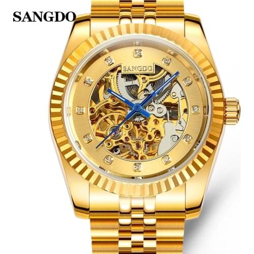 Luxury SANGDO gold watch men skeleton Stainless steel Automatic mechanical Sapphire waterproof watch relogio masculine