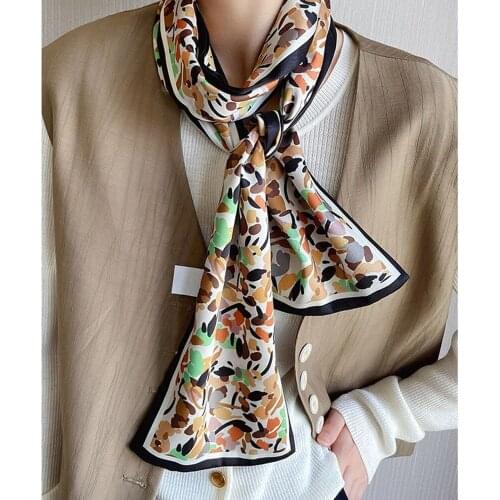 Designer Simple Floral Slender Long Silk Scarf Fashion Hair Band Silk Scarf for Bag Wrist Scarf Office Neckerchief Ladies Turban