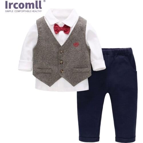 Ircomll Toddler Boys Clothing Set 2020 Spring Children Kids Clothes Suits 3pcs Vest+Bow tie T-shirt + Pants birthday Party Gift