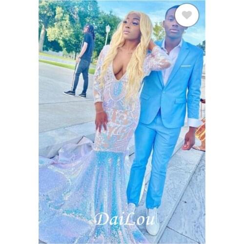 Beautiful V Neck Mermaid Long Sleeves Floor-length Sequins Prom Dress 2021