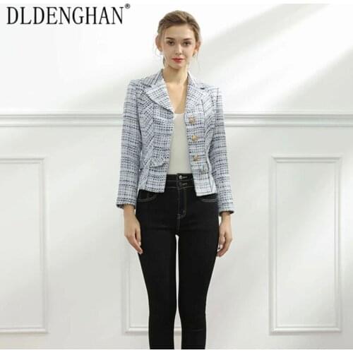 DLINGHAN Fashion Plaid Tweed Jacket Womens Long Sleeve Turn-Down Collar Single-Breasted Short Outwear Autumn Winter New
