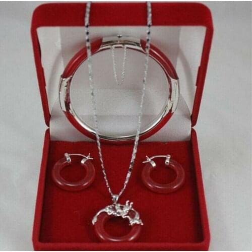 Fashion Natural Red Jade Bracelet + Earrings + Pendant Necklace Jewelry Set AAA