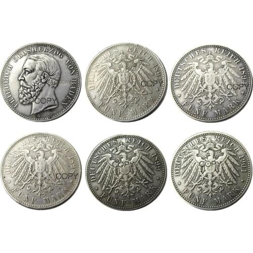 A set of (1891-1901) 5pcs GERMAN STATES BADEN - 5 mark Silver Plated Copy Coin