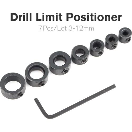 7pcs 3/4/5/6/8/10 / 12mm Drill Depth Retaining Ring Ring Locating Pin Hex Wrench Kit Round Woodworking Screw Clamp Drill Bit