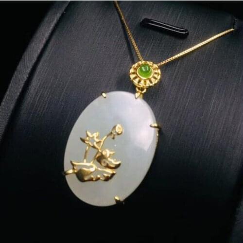 Natural Hetian Jade Pendant 925 Silver Necklace Lucky Blessing for Women Jewelry