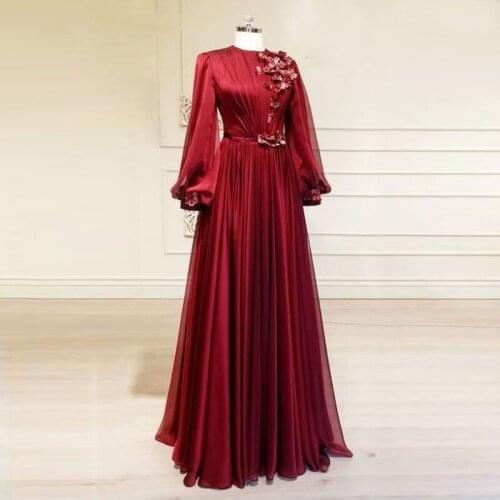 New Burgundy Chiffon Evening Dresses Party Elegant for Women Dubai Lace Applique Long Sleeves Formal Gowns