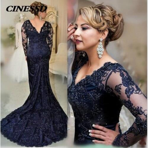 Charming Dark Navy Lace Mermaid Long Sleeve Mother of the Bride Dresses V Neck Wedding Party Gowns Back Out 2021