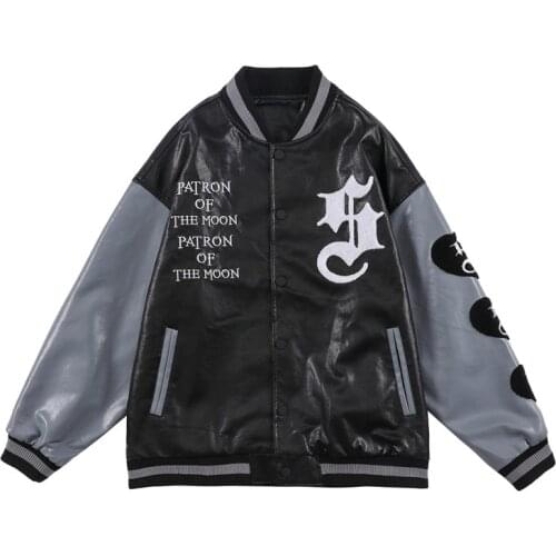 Couples Leather Varsity Baseball Jacket With Furry Embroidery Fashion Oversized Hip Hop Letterman Coat Bomber Outerwear