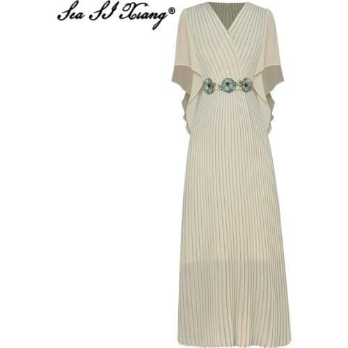 Seasixiang Fashion Designer Summer Pleated Dress Women V-Neck Flare Sleeve Hit the Color Striped 3D Flower Midi Dresses