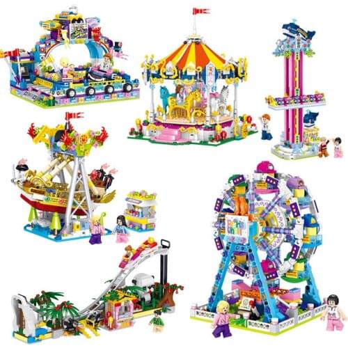 Street View Series Educational Building Blocks Toys For Kids DIY Birthday Present 00876 Funny Part Ferris Wheel Carousel Models