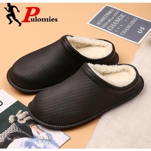 PULOMIES Winter Men Women Slippers Waterproof Indoor Warm Plush Fur Furry Slippers Casual Loafers Platform Couple Slippers Shoes
