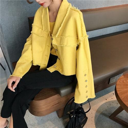 Yellow Denim Jacket Women Korean Casual Coat Fashion Vintage fringe Single-breasted Short Outerwear Harajuku Oversized Top f1284