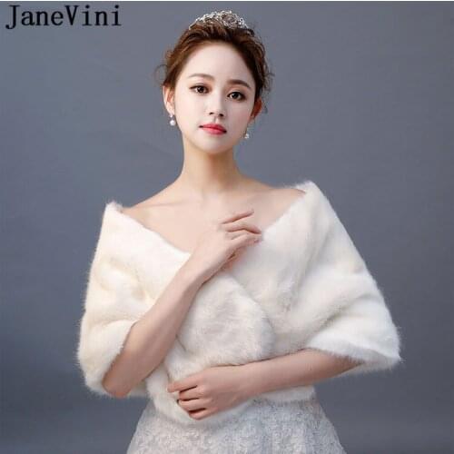 JaneVini 2021 Fall Winter Faux Fur Shawl Wrap Woman Ivory Burgundy Black Red Bridal Fur Capes Wedding Bolero Women Capes Stoles