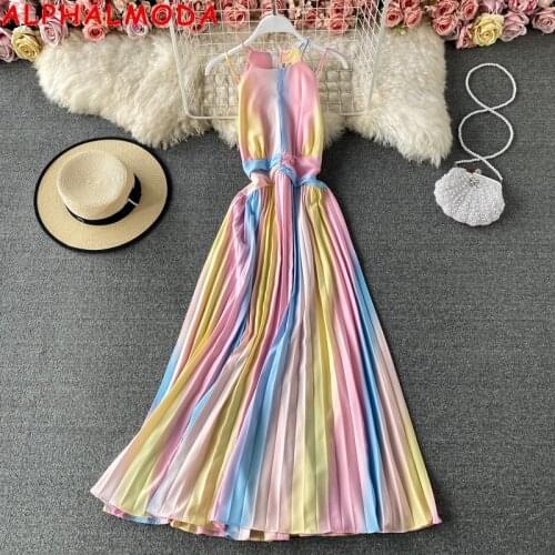 ALPHALMODA 2021 Summer Womens Fashion Bohemian Dress Rainbow Changing Color Sleeveless Ladies Trendy Seashore Vocational Dress