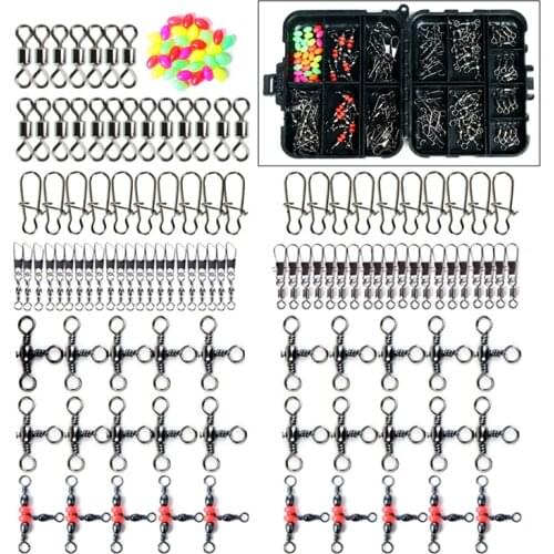 140pcs/box Fishing Accessories Include Swivel Snap Barrel Triple Swivels Connector Ball Bearing For Fishing Tackle Kit