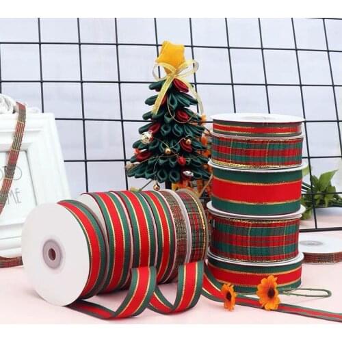 2.5cm 5Y Gold lurex Gingham Tartan Christmas Ribbon For Handmade Craft Cakebox Gift Floral Packing Christmas Wedding Bows Deco