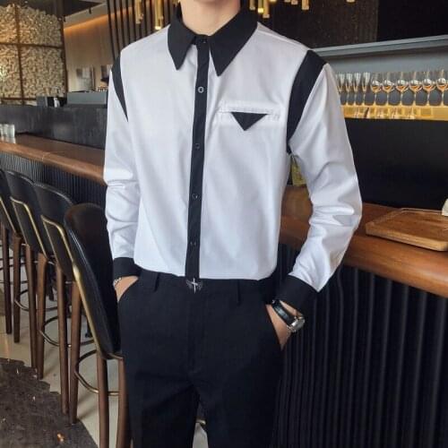 2021 Stylish Black White Patchwork Color Shirts For Men Streetwear Plus Size NightClub Long Sleeve Loose Mens Fashion Shirt Tops