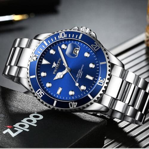 FNGEEN Top Mens Watches Gold Green Steel Quartz Wrist Watch For Men Green Male Clock Sport Watch Men Relogio Masculino