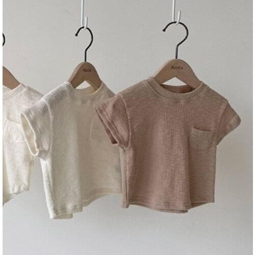 Baby Girl Boys Clothes Solid Cotton Korean Japanese Style Tees Blouses Tiny Pocket Summer T Shirt Tops Toppings For Children