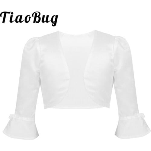 Little Girls Children 3/4 Flare Sleeve Satin Bolero Cardigan Top Short Jacket Shrug Wedding Party Flower Girl Dress Cover Up