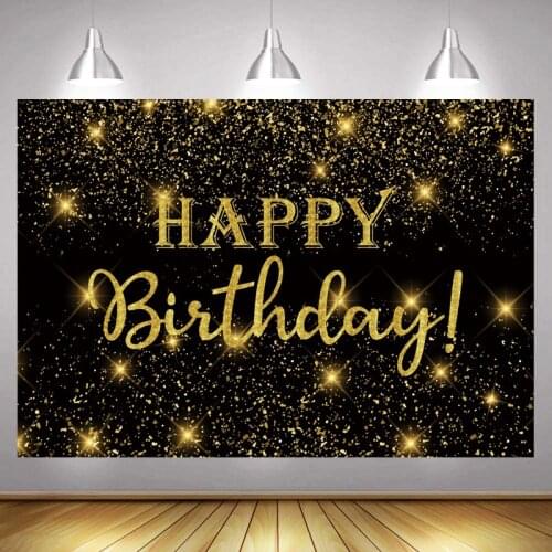Happy Birthday Party Photo Backdrop Black Gold Glitter Balloon Adult Photography Background Shining Dots Banner Photocall