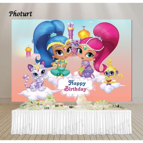 PHOTURT Shimmer and Shine Photography Backdrop Girls Birthday Background Pink Blue Long Hair Vinyl Polyester Photo Studio Props