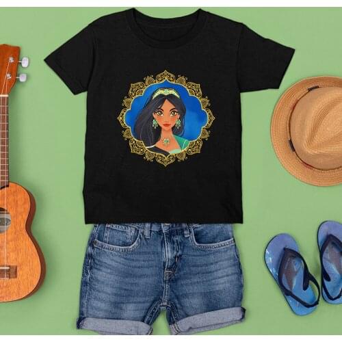 Top T-shirts Disney Princess Jasmine Tshirt Black Printing Casual Tee Cute Summer New Products T Shirt Loose Dropship Trend