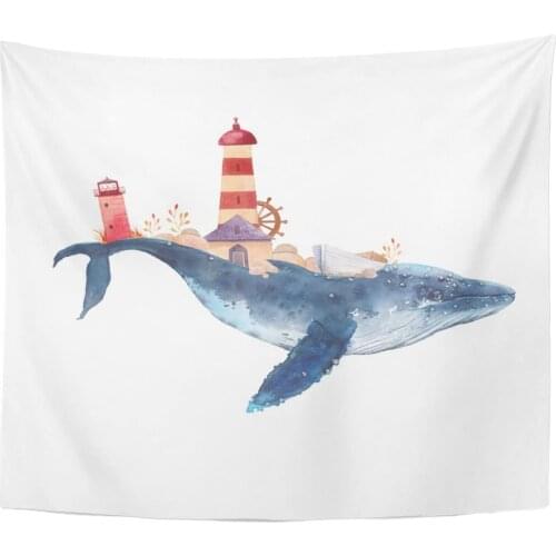 Tapestry Watercolor Creative Whale Hand Fantasy Blue Sea Lighthouses Plants Tapestries Wall Hanging for Living Room Bedroom Dorm