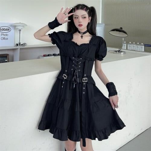 Gothic Puff Short Sleeve Street Ruffles Dresses Black Punk Girl Pleated Mini Dress Summer Lace-up Ribbon Empire Harajuku Clothes