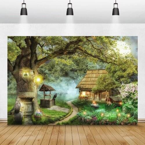 Laeacco Wonderland Fairy Forest Big Tree House Grassland Baby Portrait Photography Backdrops Birthday Backgrounds Photocall Prop
