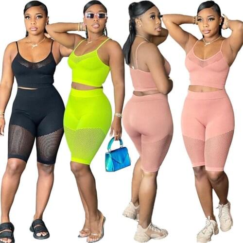 Summer Solid Mesh Sheer Patchwork See Through Spliced 2pcs Tracksuit Spaghetti Strap Crop Top And Knee Length Shorts S-XXL